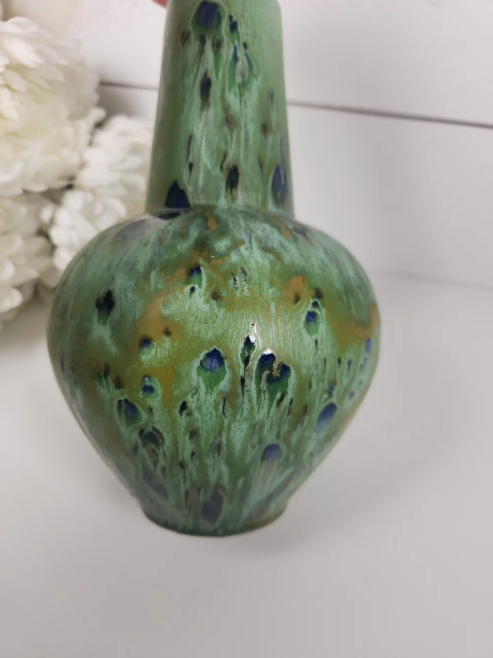 Vintage Peacock Feather Design Pottery Vase | Green & Blue Glazed Art Vase